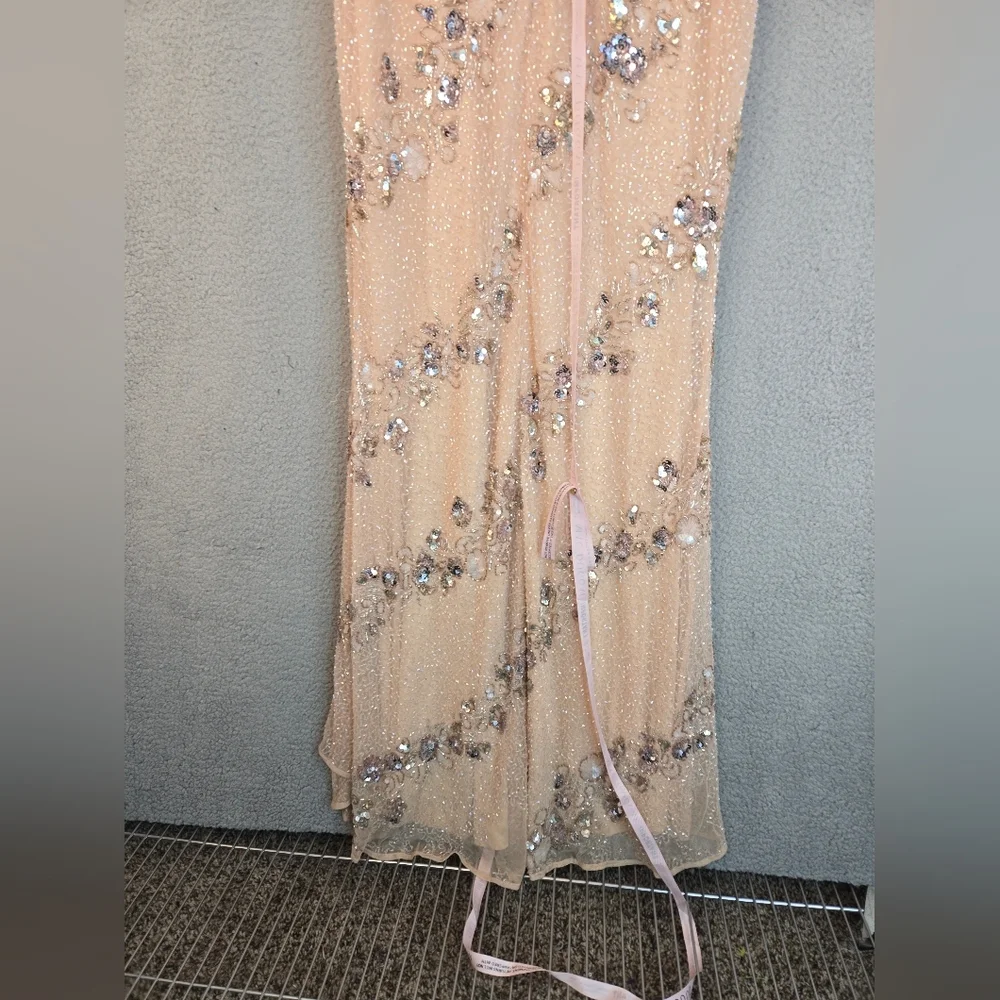 Mac Duggal Maxi Gown Womens Sz 4 Nude Silver Embellished Sequins Beads Lined - Picture 10 of 16